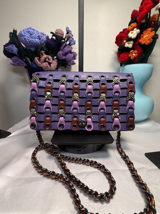 Coach Handbags - Coach Woven Leather Crossbody Bag With Chain Strap & Colorful Detailing - Purple